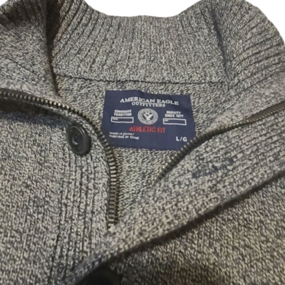 AE Mock Neck Cotton Sweater Navy Grey Large - Picture 2 of 6